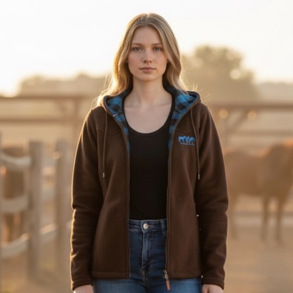 Outback Trading Chocolate Brown Fleece Hoodie Turquoise Plaid Flannel Lined